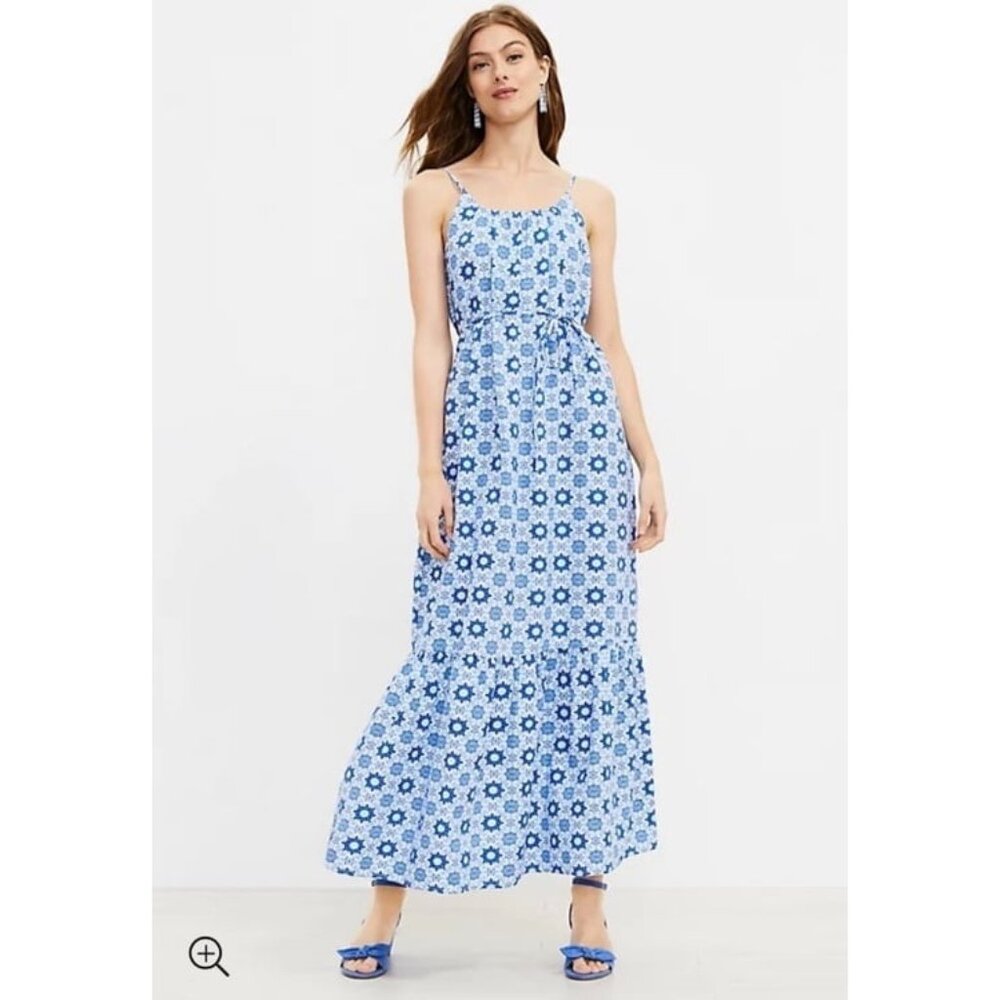 Loft Tiled Strappy Flounce Maxi Dress Size M Viscose Linen Cotton